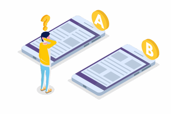 vector image of a man scratching his head looking at two oversized mobile phones laying in from of him labeled A and B