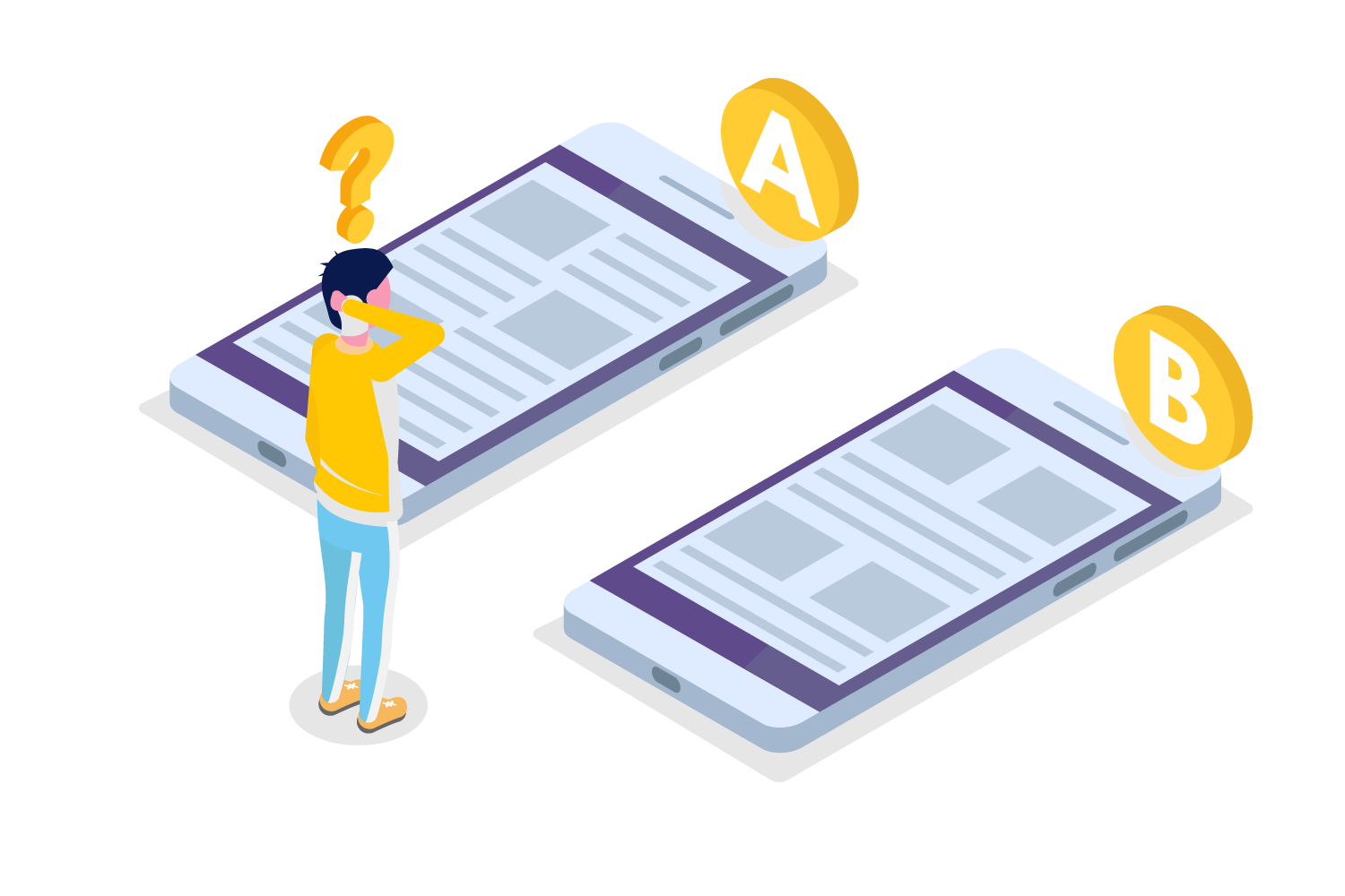 vector image of a man scratching his head looking at two oversized mobile phones laying in from of him labeled A and B