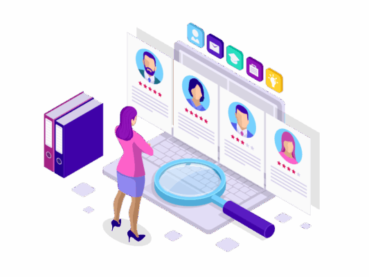 vector image of a woman standing in front of an oversized laptop, looking at profiles of people that are displayed off the screen