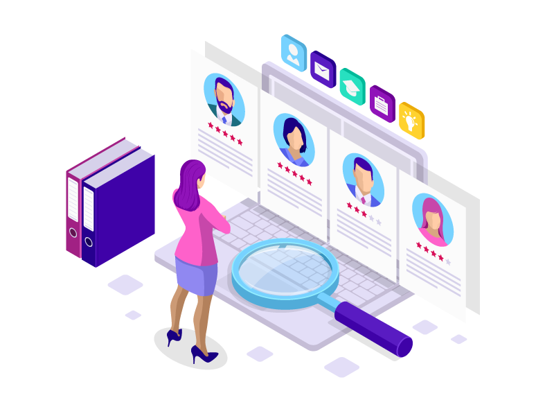 vector image of a woman standing in front of an oversized laptop, looking at profiles of people that are displayed off the screen