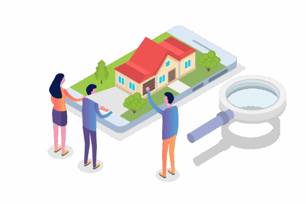 vector image of people looking at a house that is built upon an oversized mobile phone