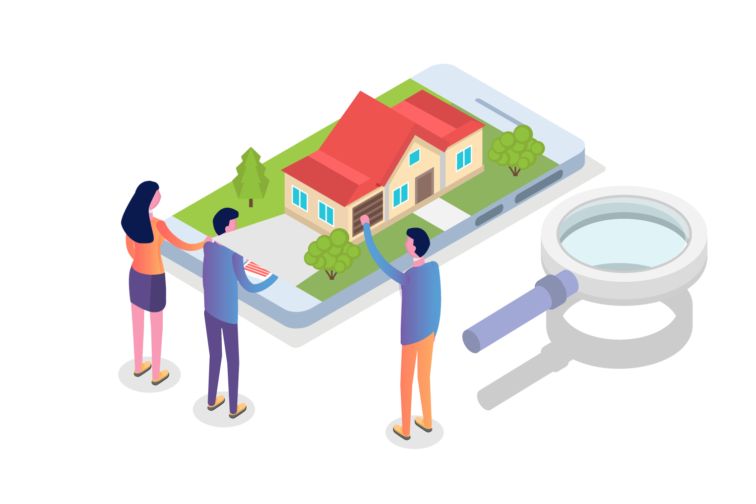 vector image of people looking at a house that is built upon an oversized mobile phone