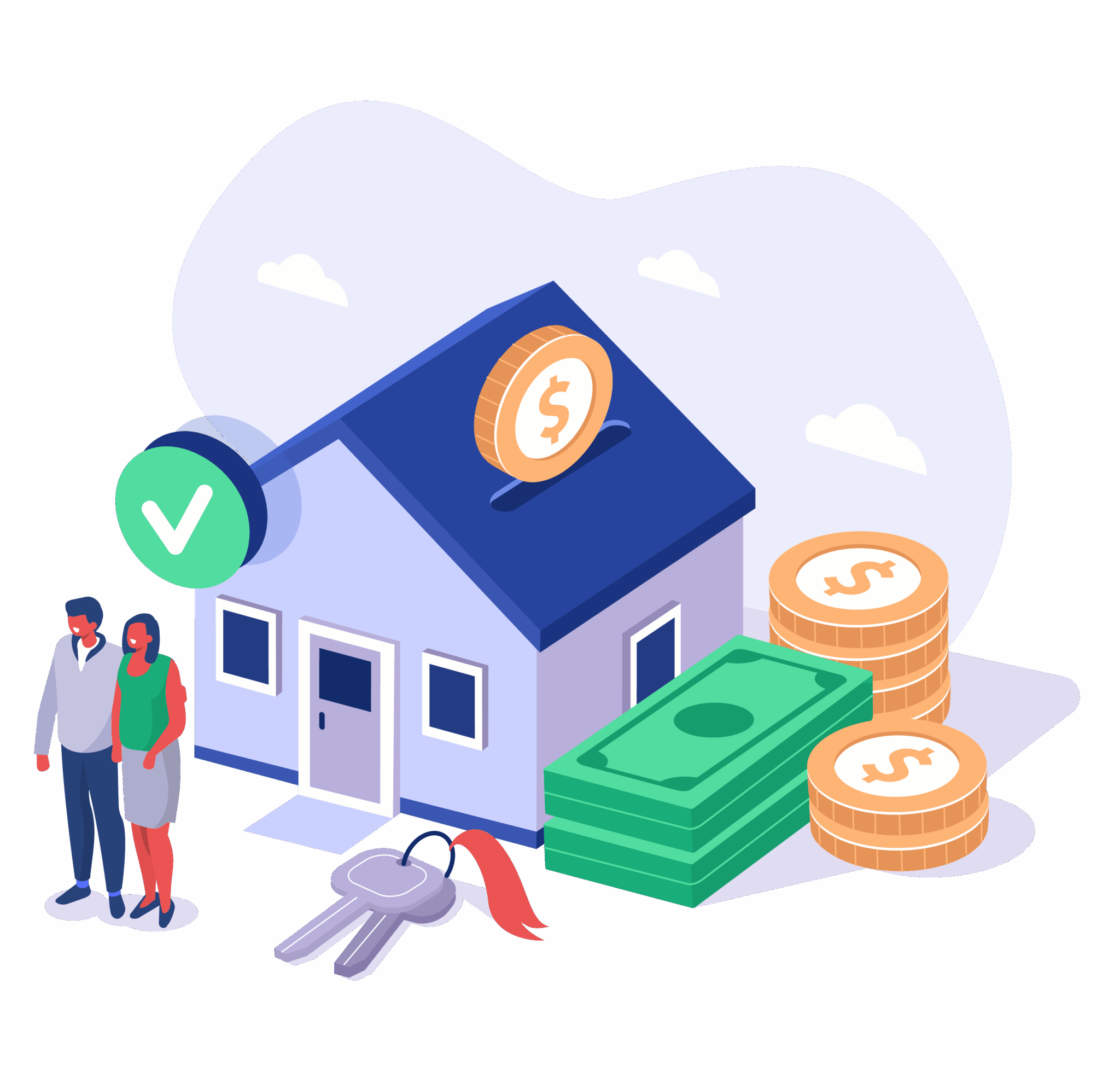 vector image of a couple standing in front of a house with oversized keys and currentcy with a checkmark above the front