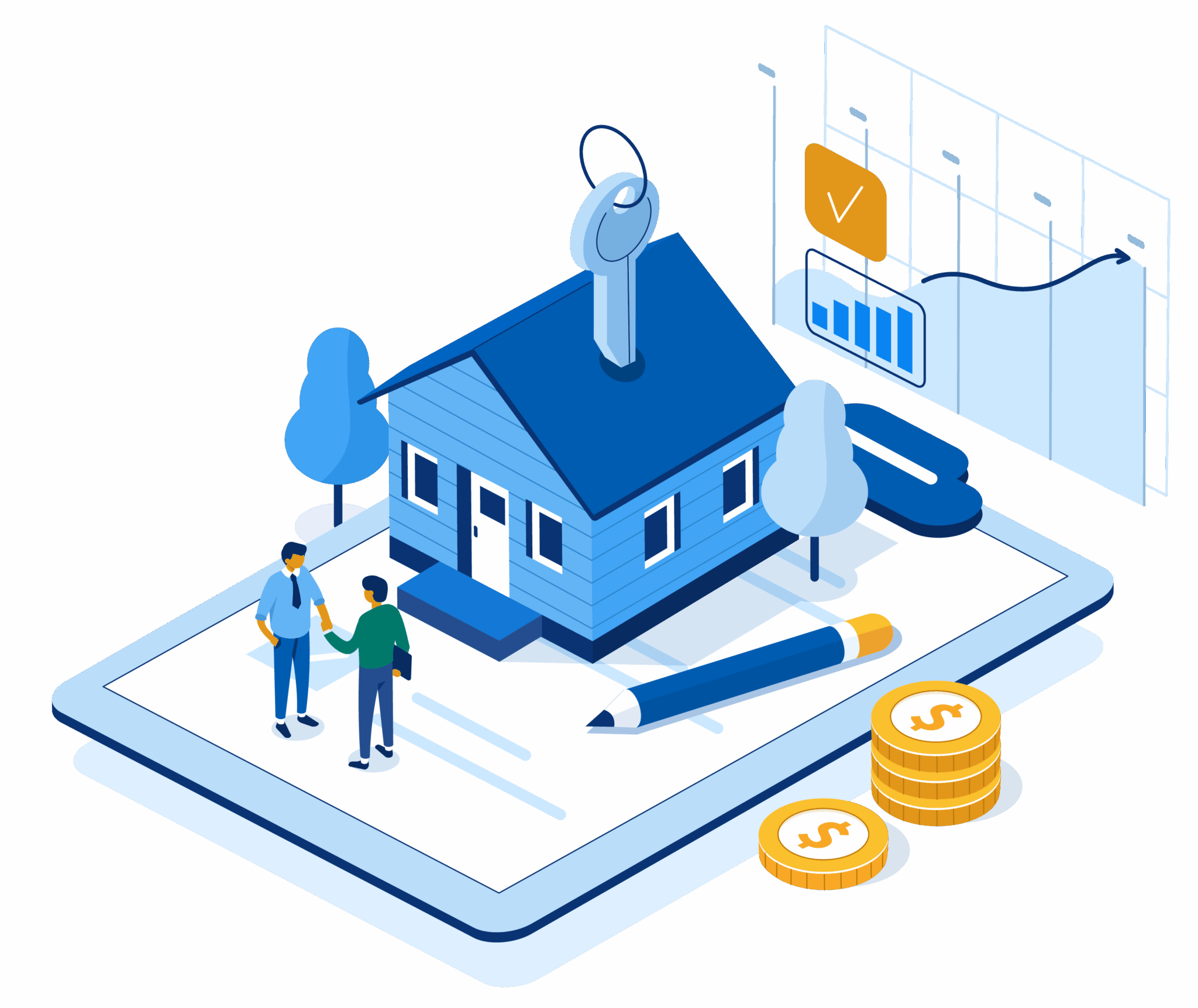 vector image of two men shaking hands in front of a house all atop an oversized tablet along with oversized coins and a pencil