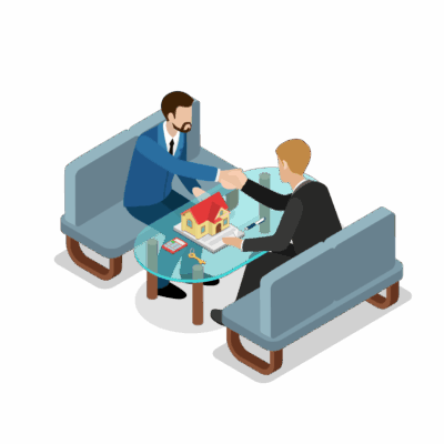 vector image of two people shaking hands over a glass coffe table with a model of a house sitting atop it