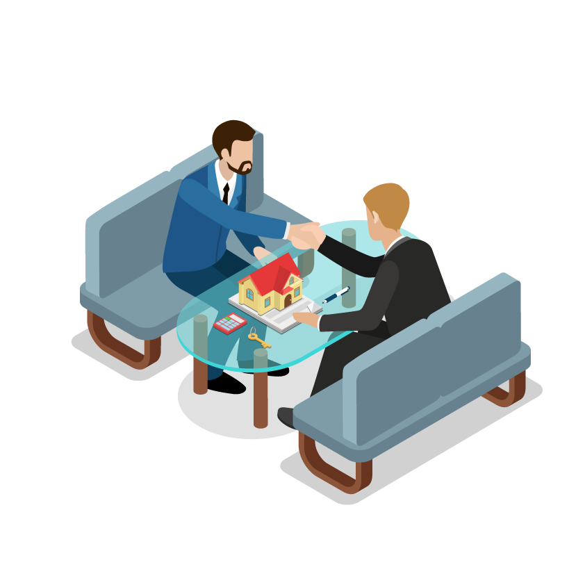 vector image of two people shaking hands over a glass coffe table with a model of a house sitting atop it