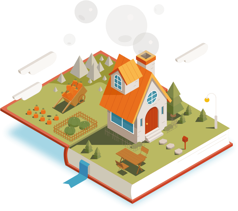 vector image of an open book revealing a three-dimensional house and garden