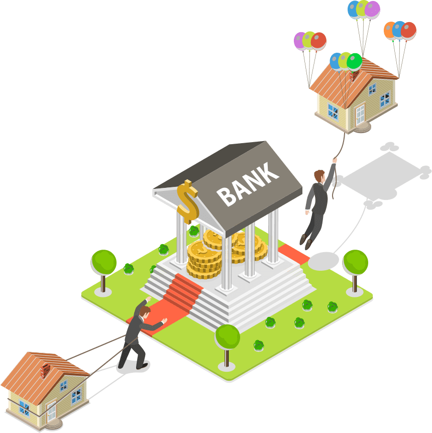 vector image of a man dragging a human-sized house tied to him with ropes to a six columned structure with oversized coins in the center and the word bank written on the roof while behind the structure a man is floating away holding a rope connected to the same sized house with balloons attached